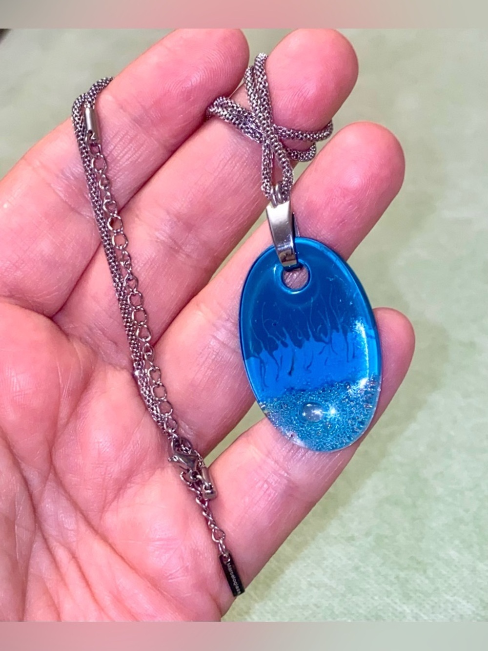 Marceloglass blue ocean wave oval pendant necklace